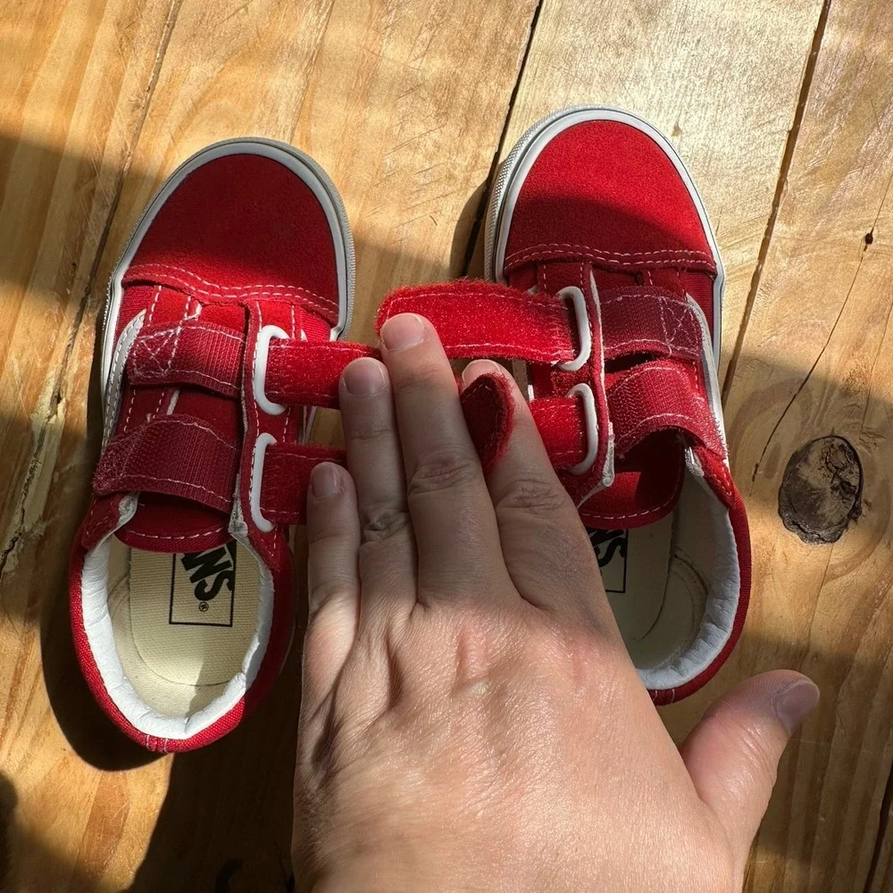 VANS Old Skool Red White Suede Canvas Sneakers Unisex Kids US 10.5 Hook & Loop